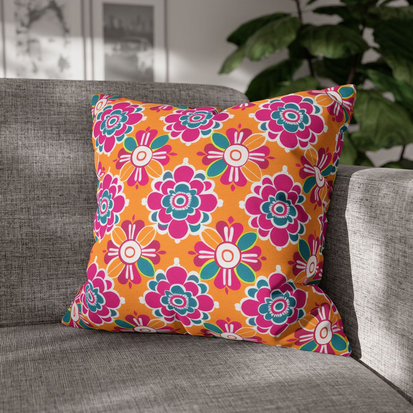 Array of Stylized Floral Motifs in Vivid Pink, Teal, and White Set Against a Warm Orange Backdrop Spun Polyester Square Pillowcase 4 Sizes