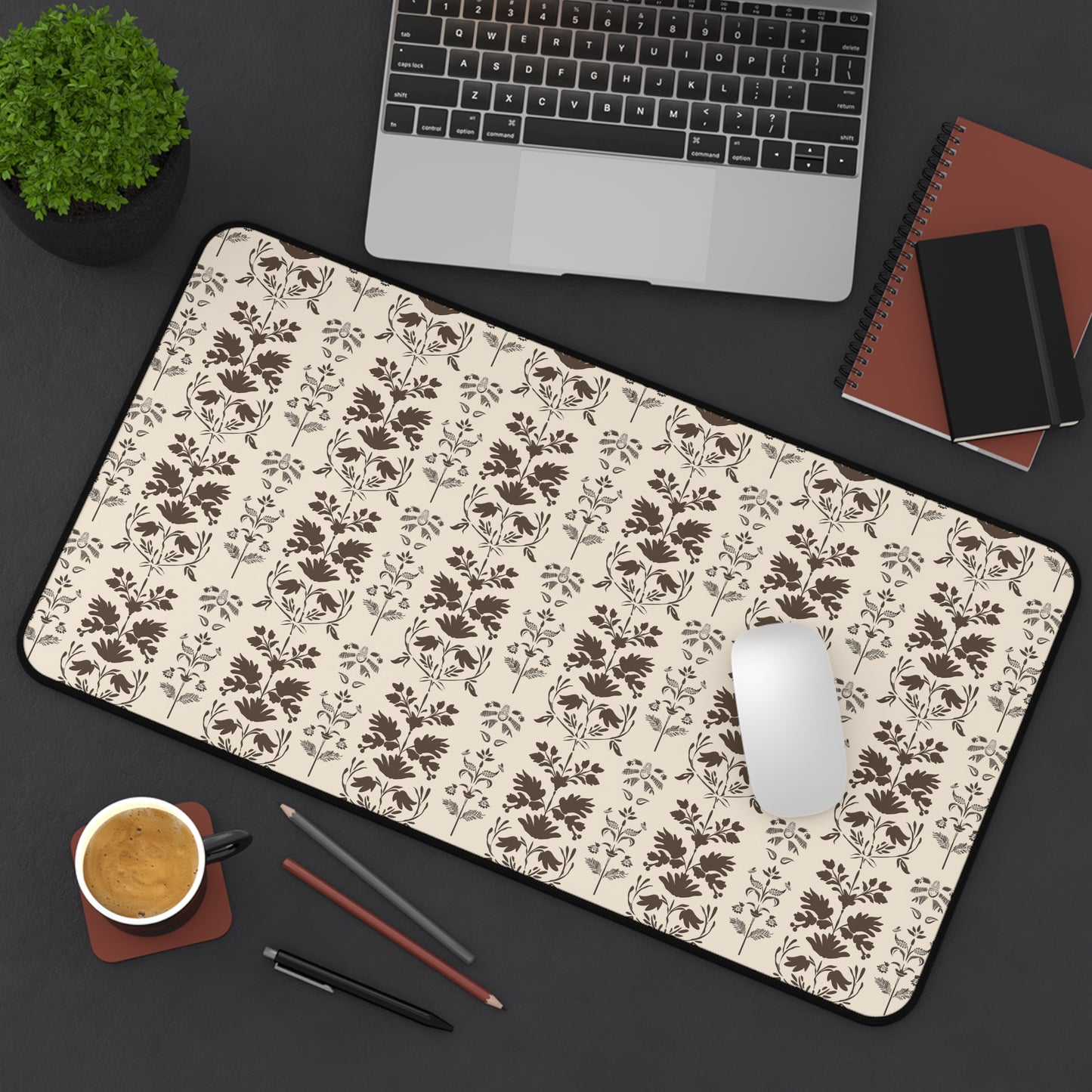 Early American Stencil-Inspired Beige and Brown Floral Pattern Gaming Mouse Pad  Desk Mat  - 3 Sizes