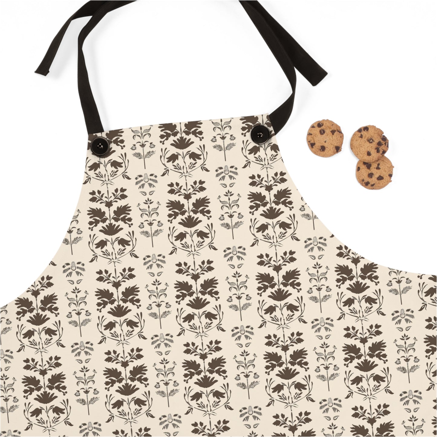 Early American Stencil-Inspired Beige and Brown Floral Pattern Kitchen Chef Apron