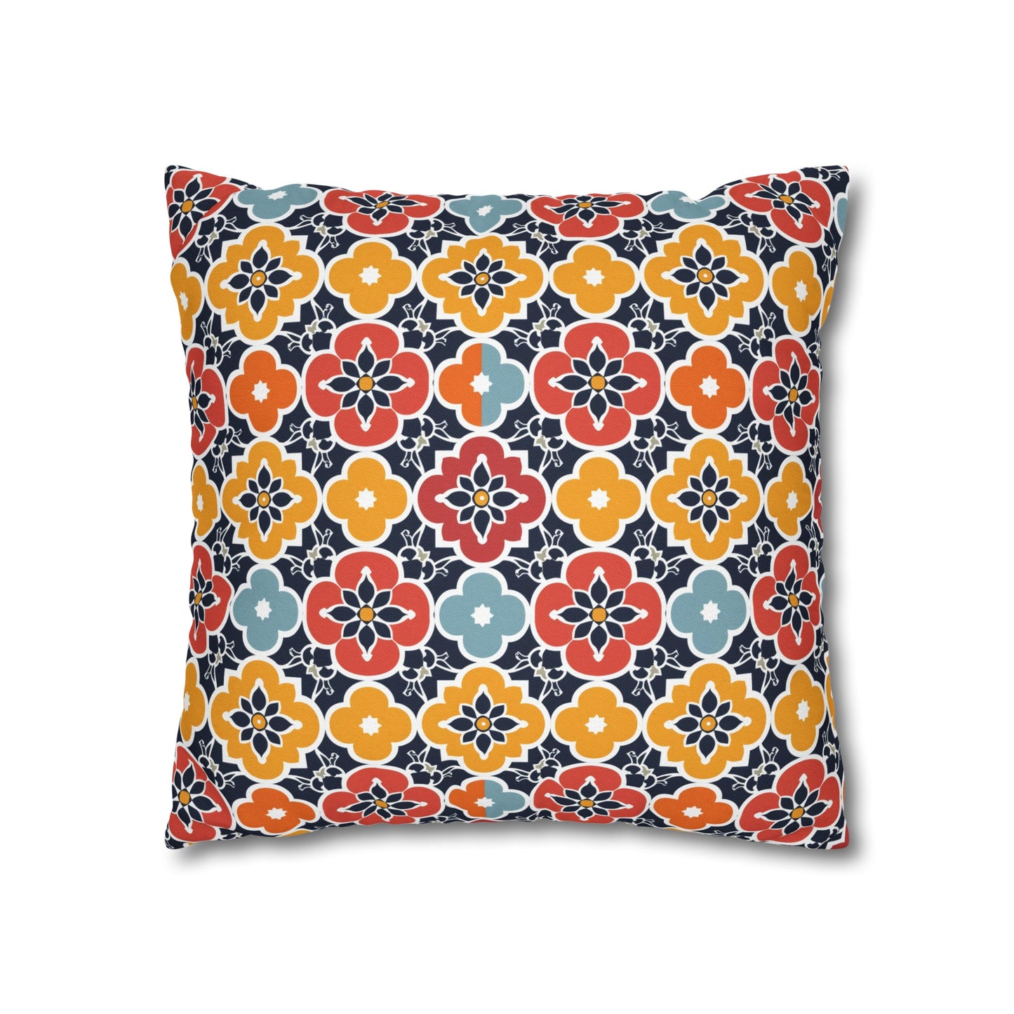 Vibrant Moroccan Orange, Gold and Blue Tile Pattern Spun Polyester Square Pillowcase 4 Sizes