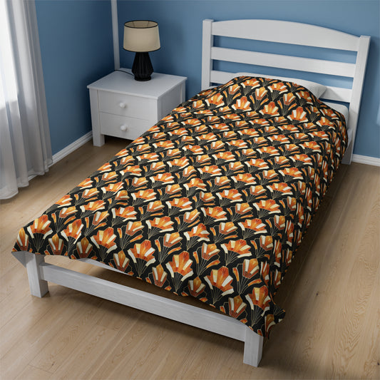 Art Deco Inspired Streamlined Geometric Florals in Orange and Black Velveteen Plush Blanket 3 Sizes