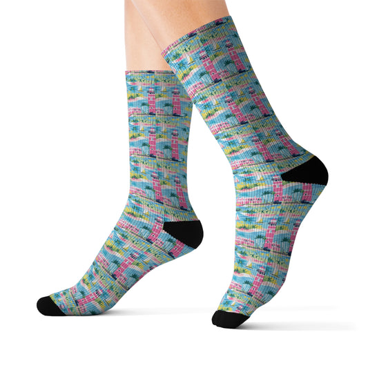 Coastal Charms: Sailboats and Lighthouses Adorning the Coastline Ribbed Crew Socks