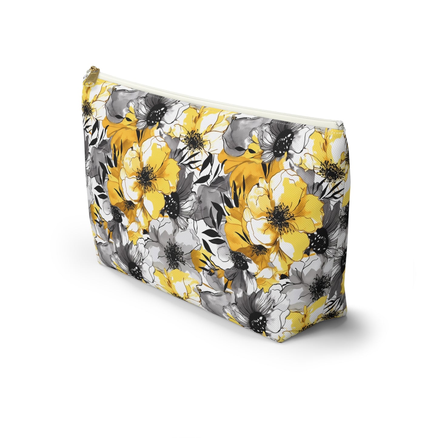 Soothing Radiance: Large Yellow and Grey Watercolor Flower Design - Makeup & Accessory Bag 2 Sizes