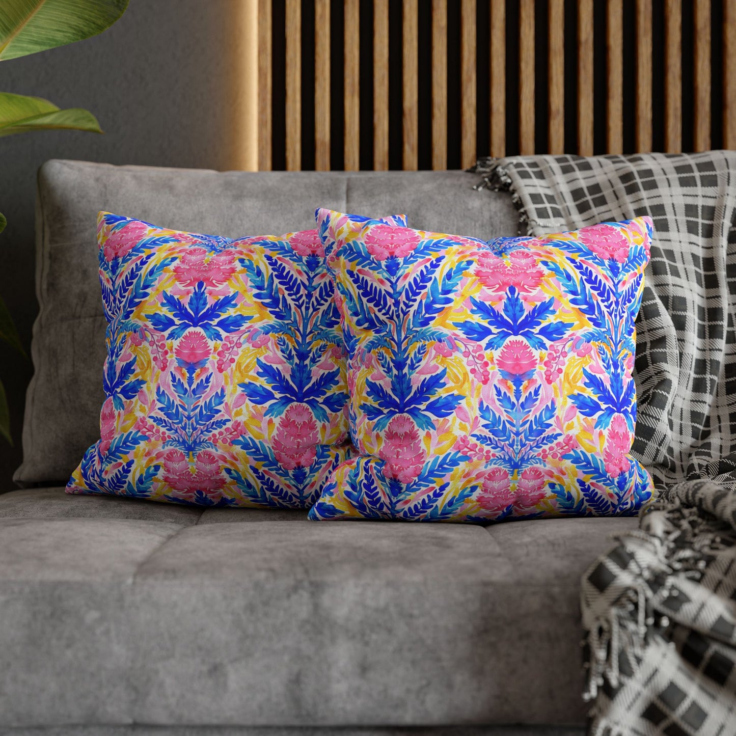 Tropical Watercolor Blooms in Vibrant Pinks and Blues Spun Polyester Square Pillowcase 4 Sizes