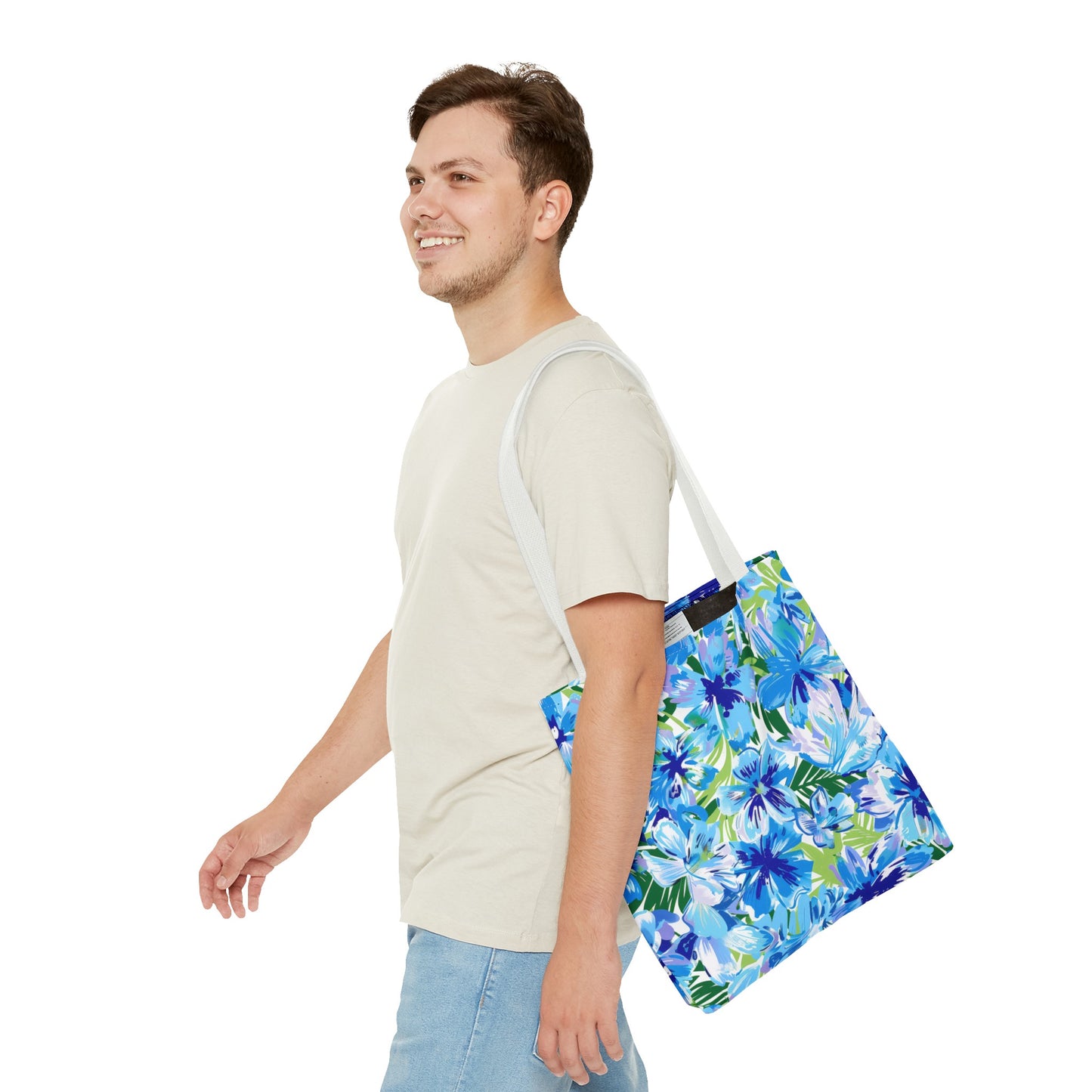 Azure Bloom Oasis: Bright Blue Large Flowers with Lush Green Palm Leaves  Canvas Tote Bag 3 Sizes