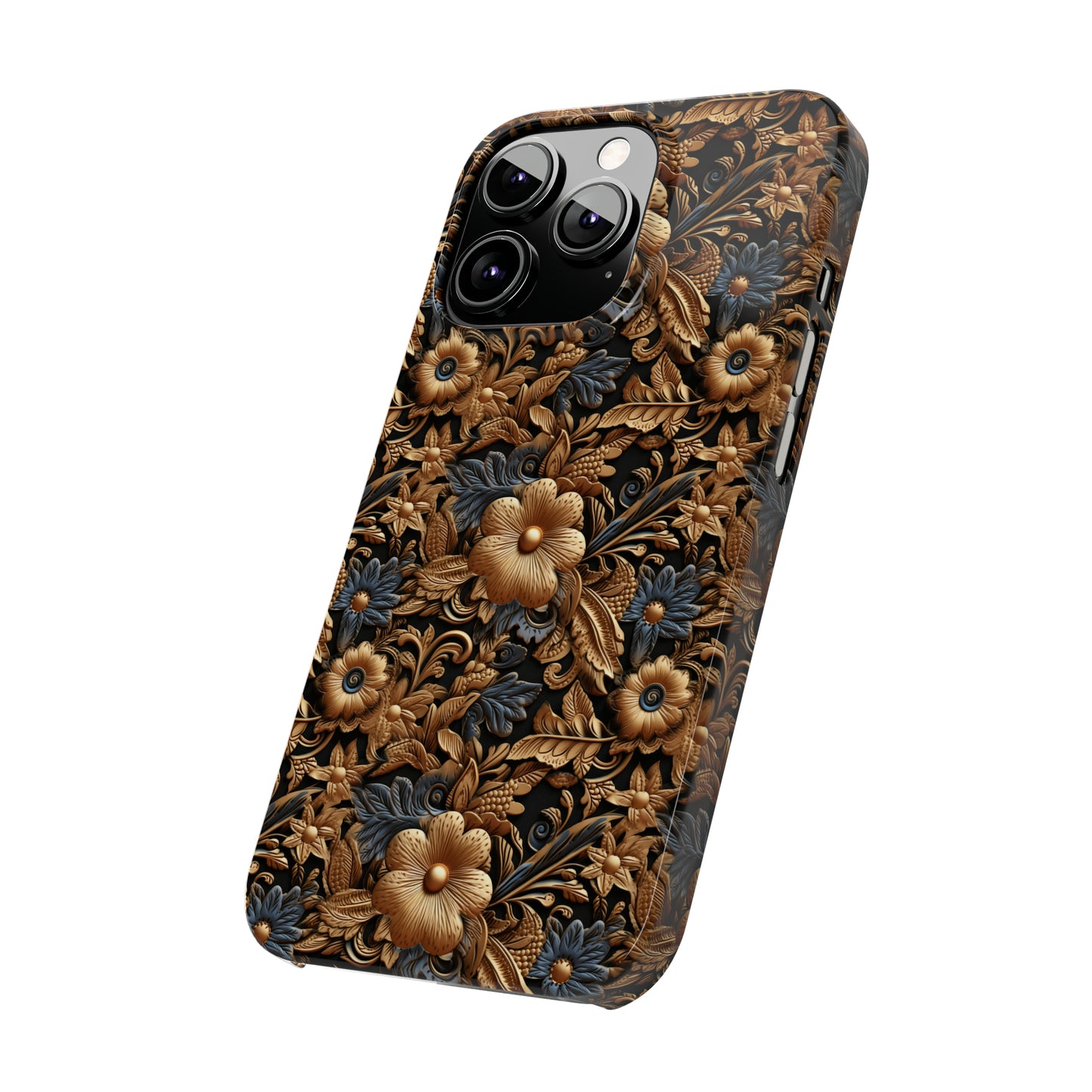 Tooled Leather Gold Flowers with Blue Leaves Accent Print Design Iphone 15-12 Slim Phone Case