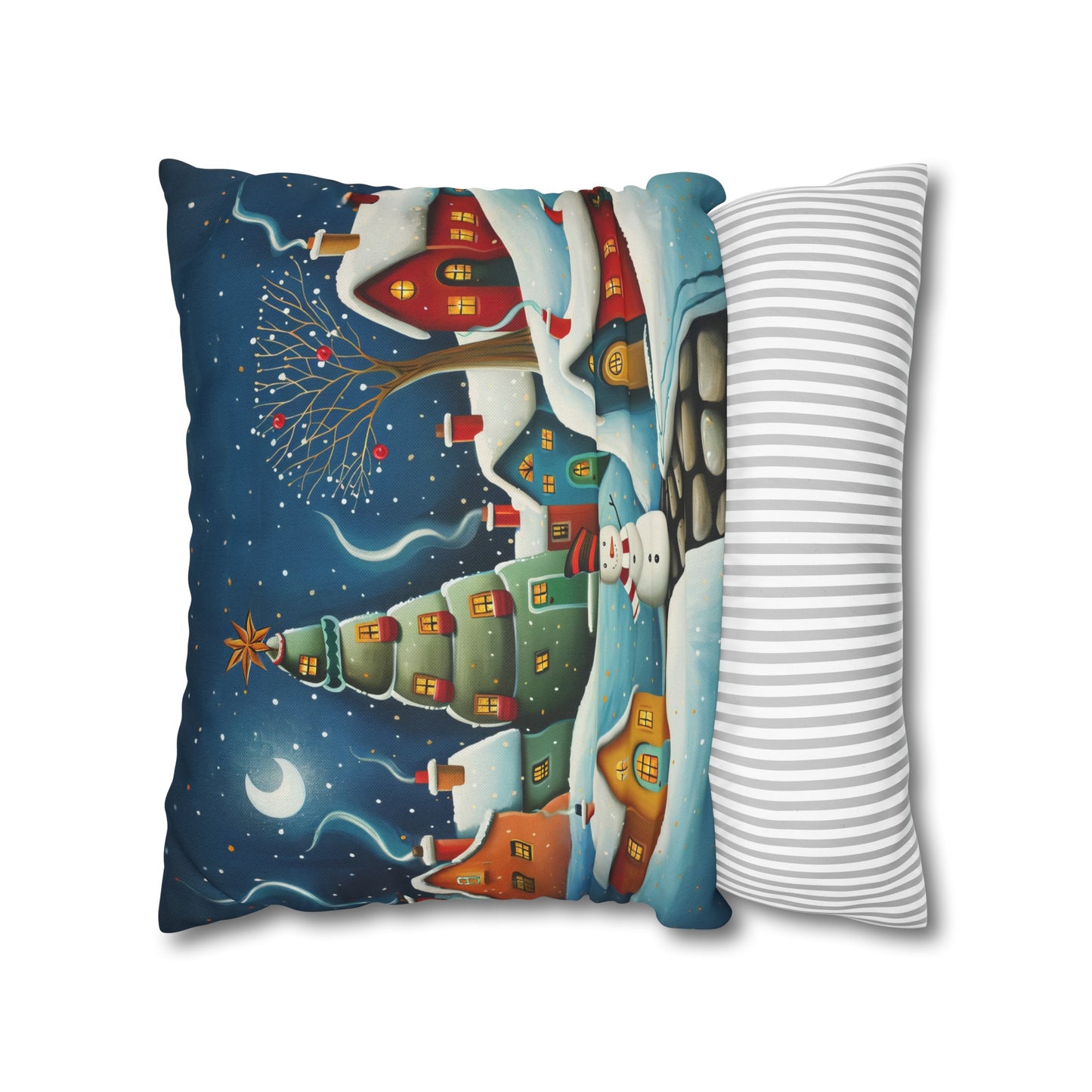 Starry Snowman Serenade: Village under a Starry Night Sky Spun Polyester Square Pillowcase 4 Sizes