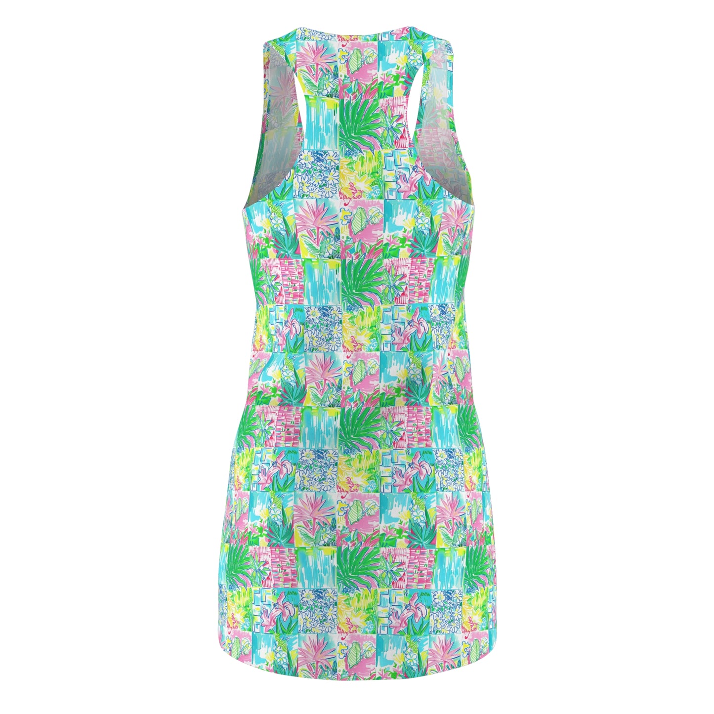 Whimsical Palm Trees and Flowers in Vibrant Pink, Teal, and Green Collage Women's Racerback Dress XS - 2XL