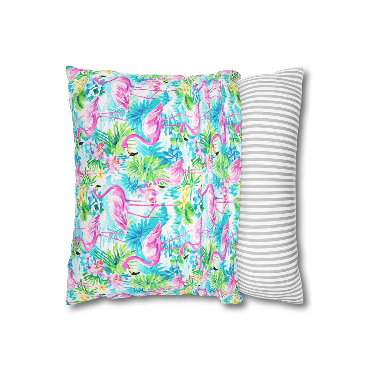 Tropical Flamingo Haven: Surrounded by Flowers and Palm Trees Spun Polyester Square Pillowcase 4 Sizes