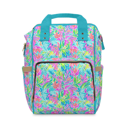 Neon Tropics: Vibrant Rainbow Flowers and Palm Leaves in Electric Splendor Multifunctional Diaper Backpack