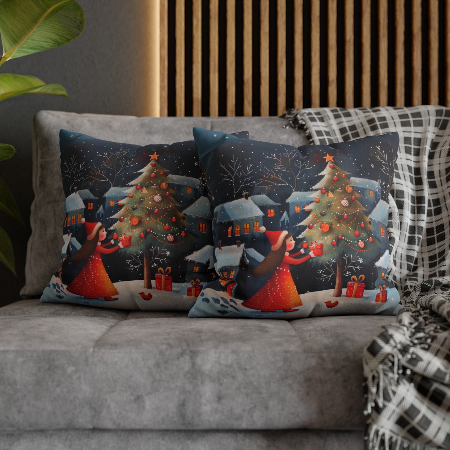 Joyful Surprise: Little Girl Admiring Christmas Tree with Presents Spun Polyester Square Pillowcase 4 Sizes