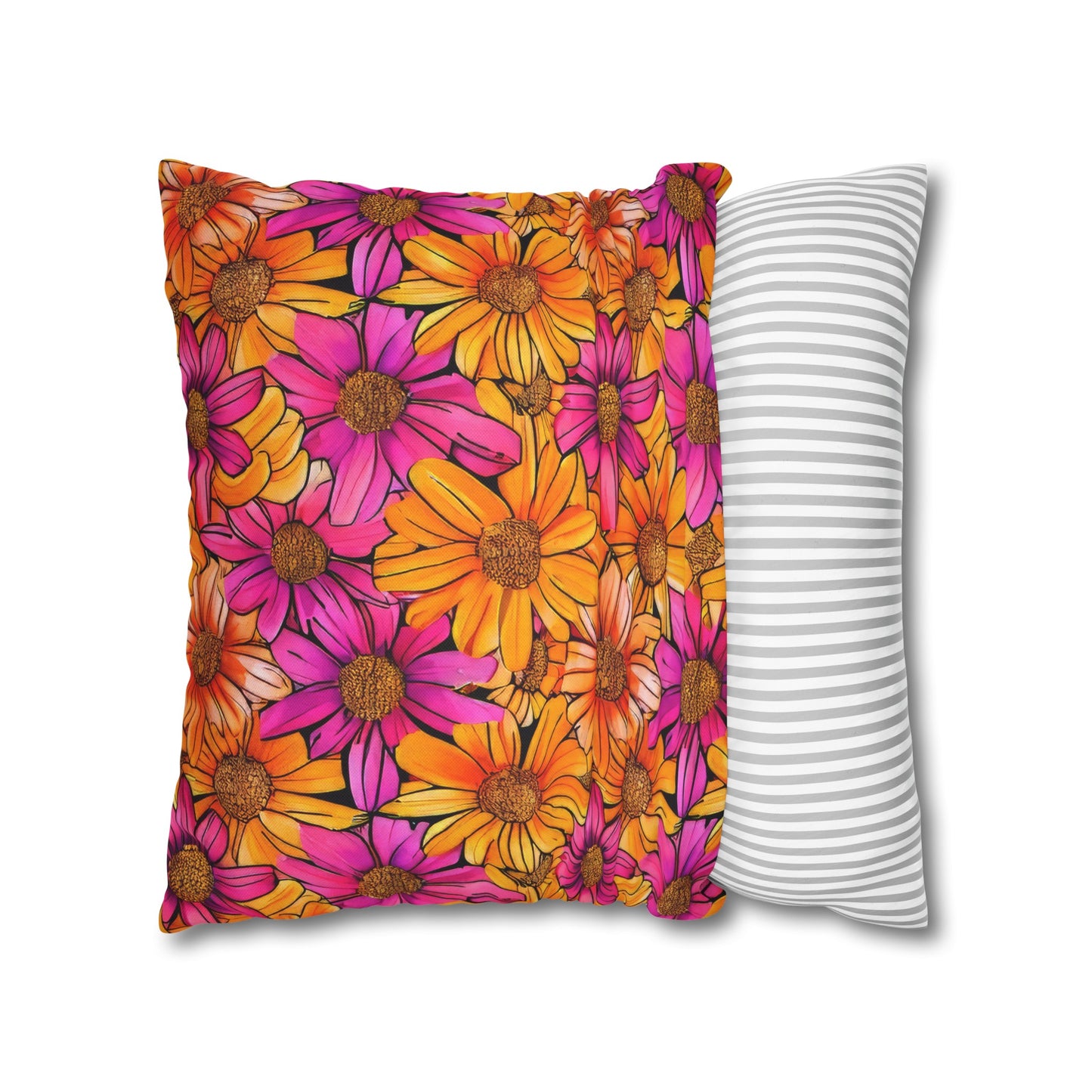 Vibrant Daisy Delight with Bold Orange and Pink Spun Polyester Square Pillowcase 4 Sizes