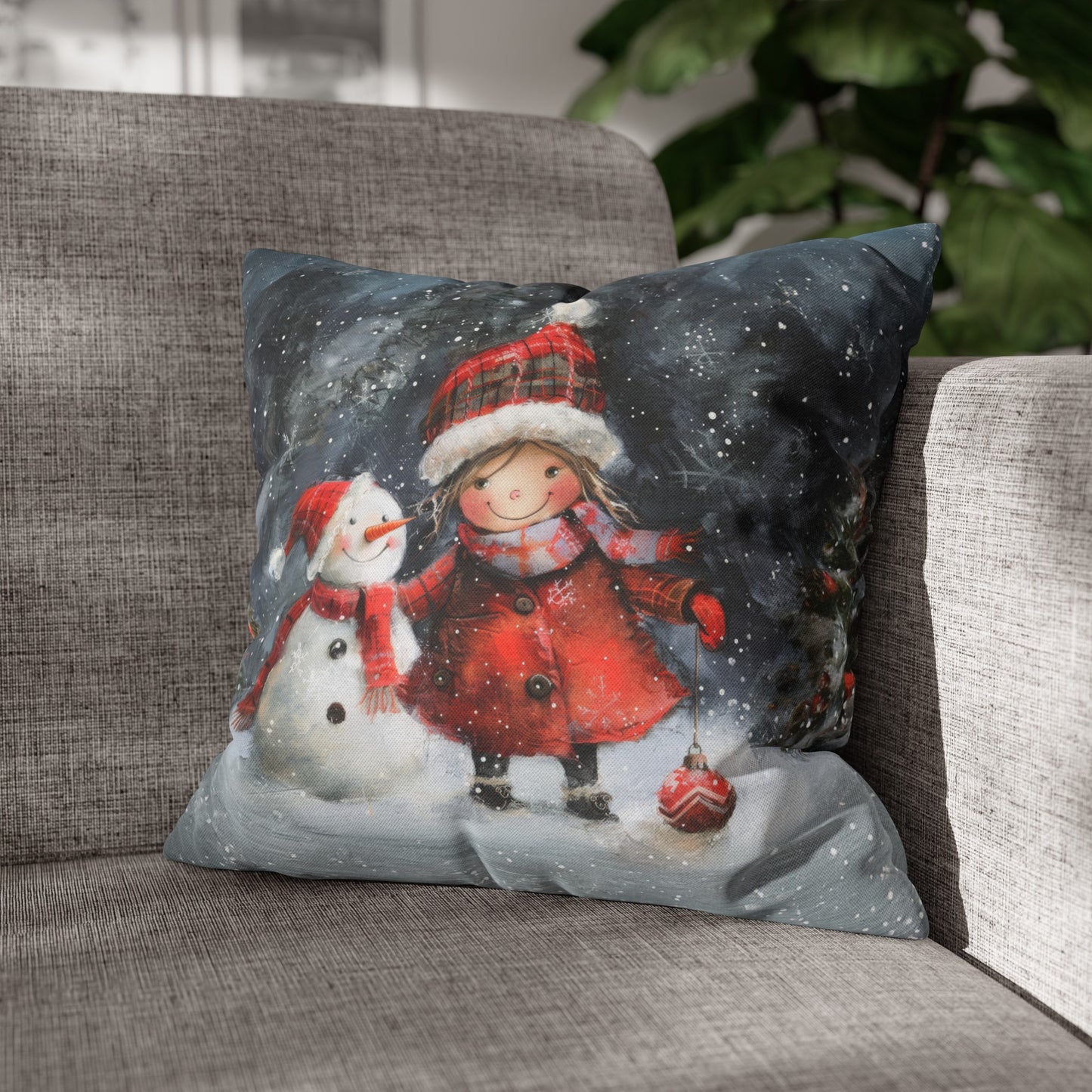 Frosty Friends: Little Girl Standing with Snowman on a Snowy Night Spun Polyester Square Pillowcase 4 Sizes