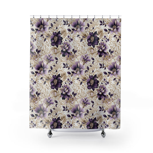 Purple Majesty: Watercolor Floral Design with Gold Foliage Accents Bathroom Shower Curtain   71" × 74"