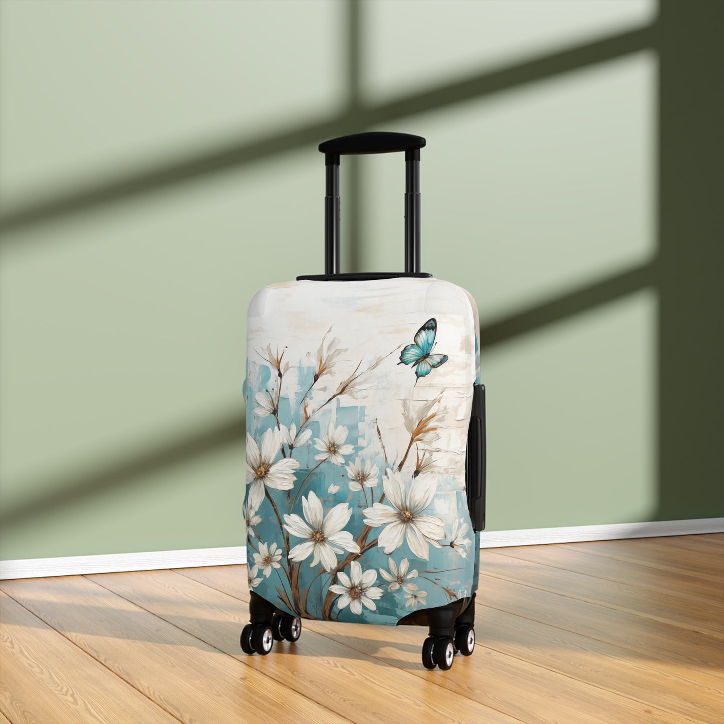 Rustic Farmhouse White and Teal Wild Daisies and Butterflies  - Luggage Protector and Cover 3 Sizes