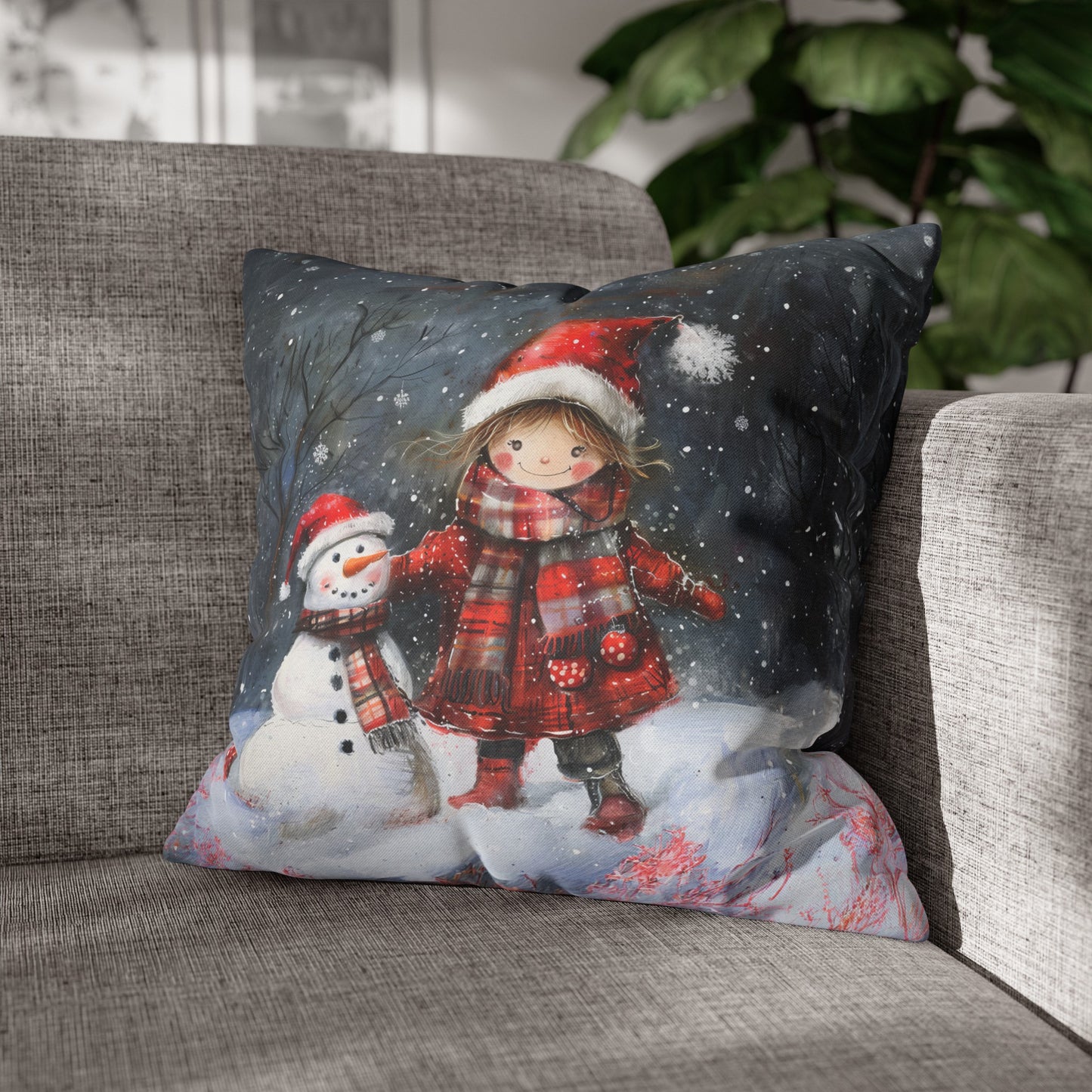 Little Girl and Snowman Sharing Winter's Wonder Spun Polyester Square Pillowcase 4 Sizes