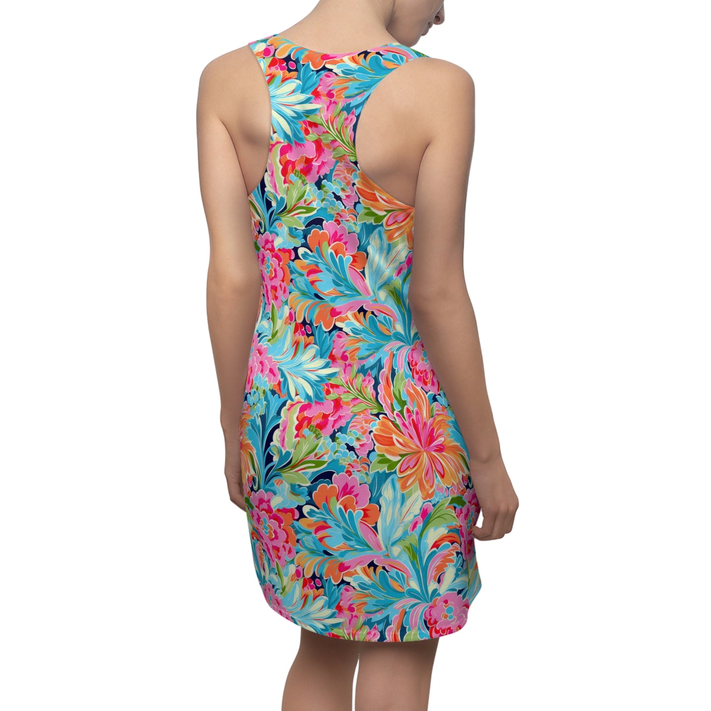 Tropical Radiance: Bursting Summer Blooms in Teal, Orange, and Pink Women's Racerback Dress XS - 2XL