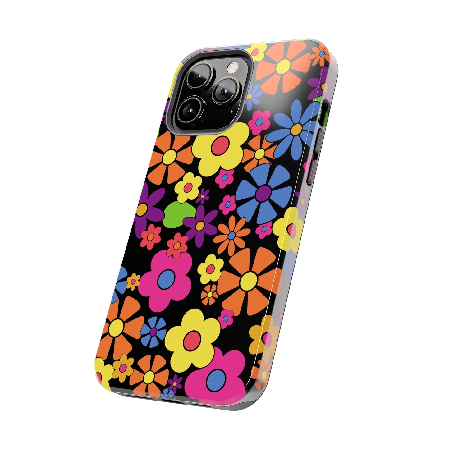 Flower Power Design on Black Background Iphone Tough Phone Case