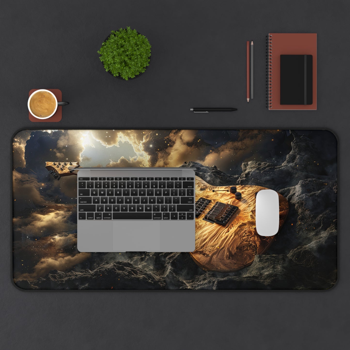 Golden Gilded Electric Guitar with Heavenly Clouds and Sun Desk Mat Extended Gaming Mouse Pad - 3 Sizes