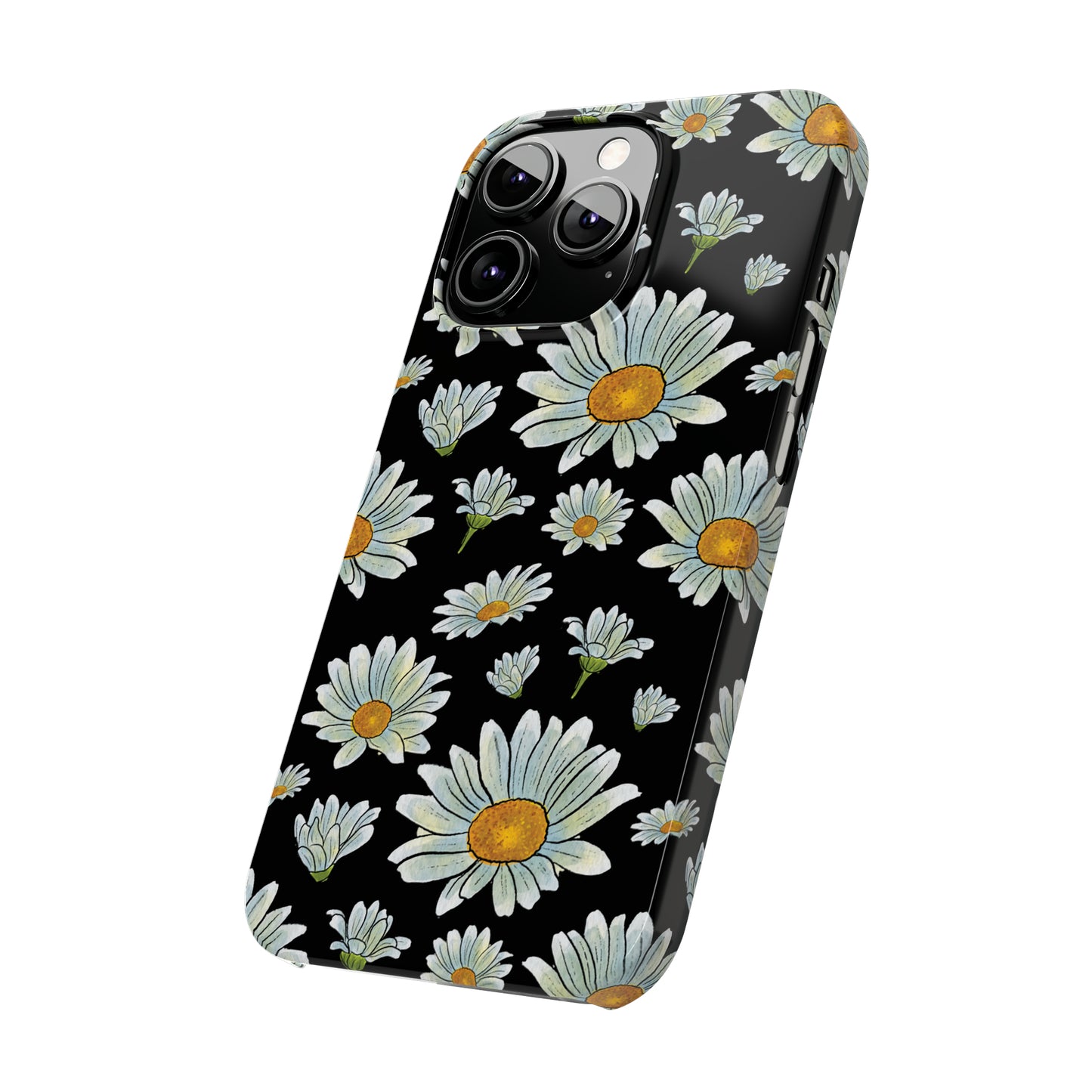 Large Watercolor Summer Daisies Blooming Against a Bold Black Background Iphone 15-12 Slim Phone Case