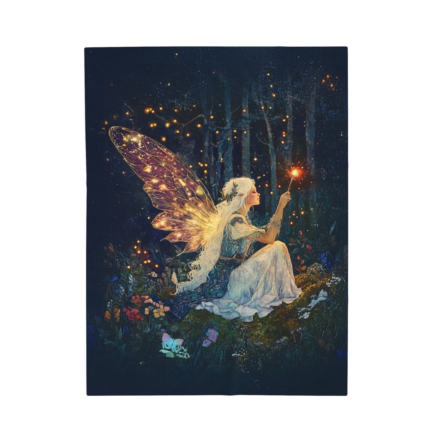 Ethereal Fairy with Glowing Wings Amidst Enchanted Forest Velveteen Plush Blanket 3 Sizes