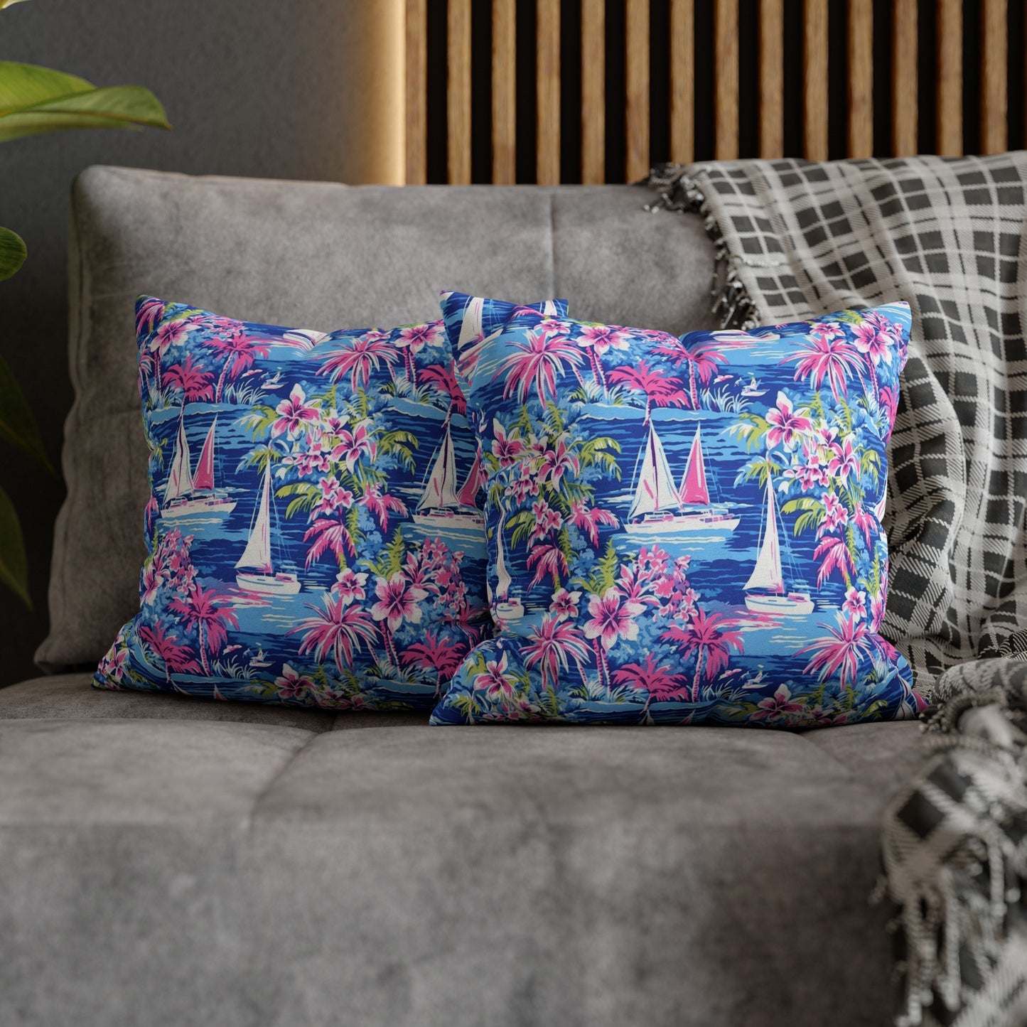 Sailing Tropics: Watercolor Sailboats Amidst Ocean Waves, Tropical Flowers, and Palm Trees Spun Polyester Square Pillowcase 4 Sizes