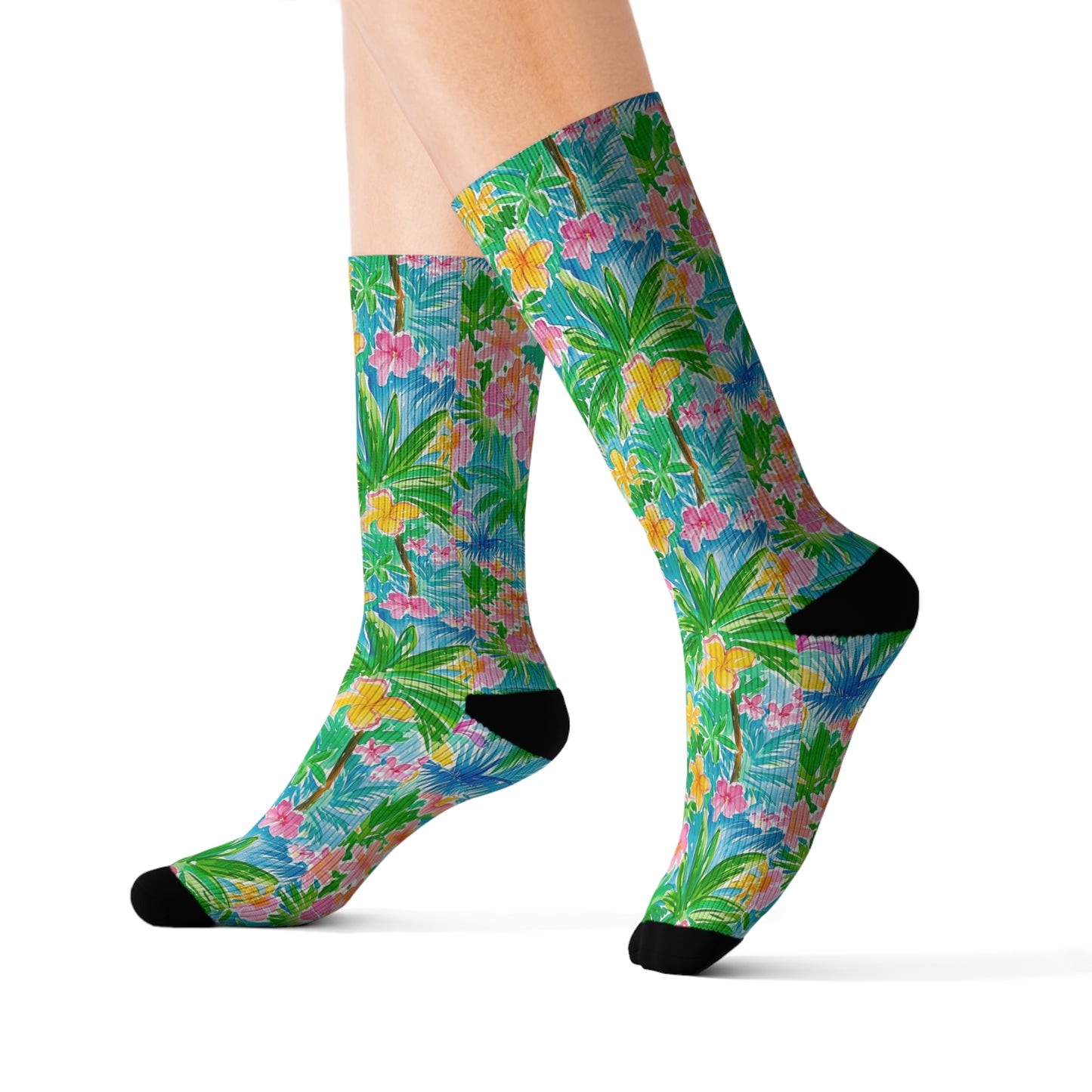 Tropical Harmony: Watercolor Yellow and Pink Hibiscus Flowers with Blue and Green Palm Leaves Ribbed Crew Socks