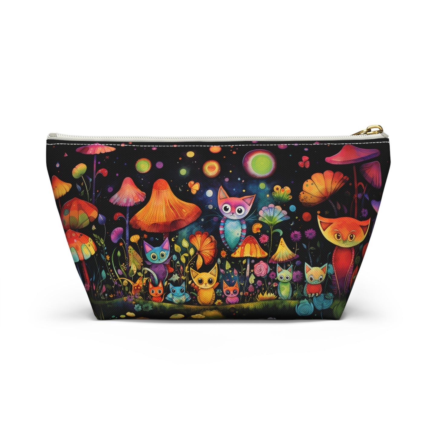 Mystical Cats Amidst a Garden of Flowers and Mushrooms, Beneath a Starry Sky - Makeup & Accessory Bag 2 Sizes