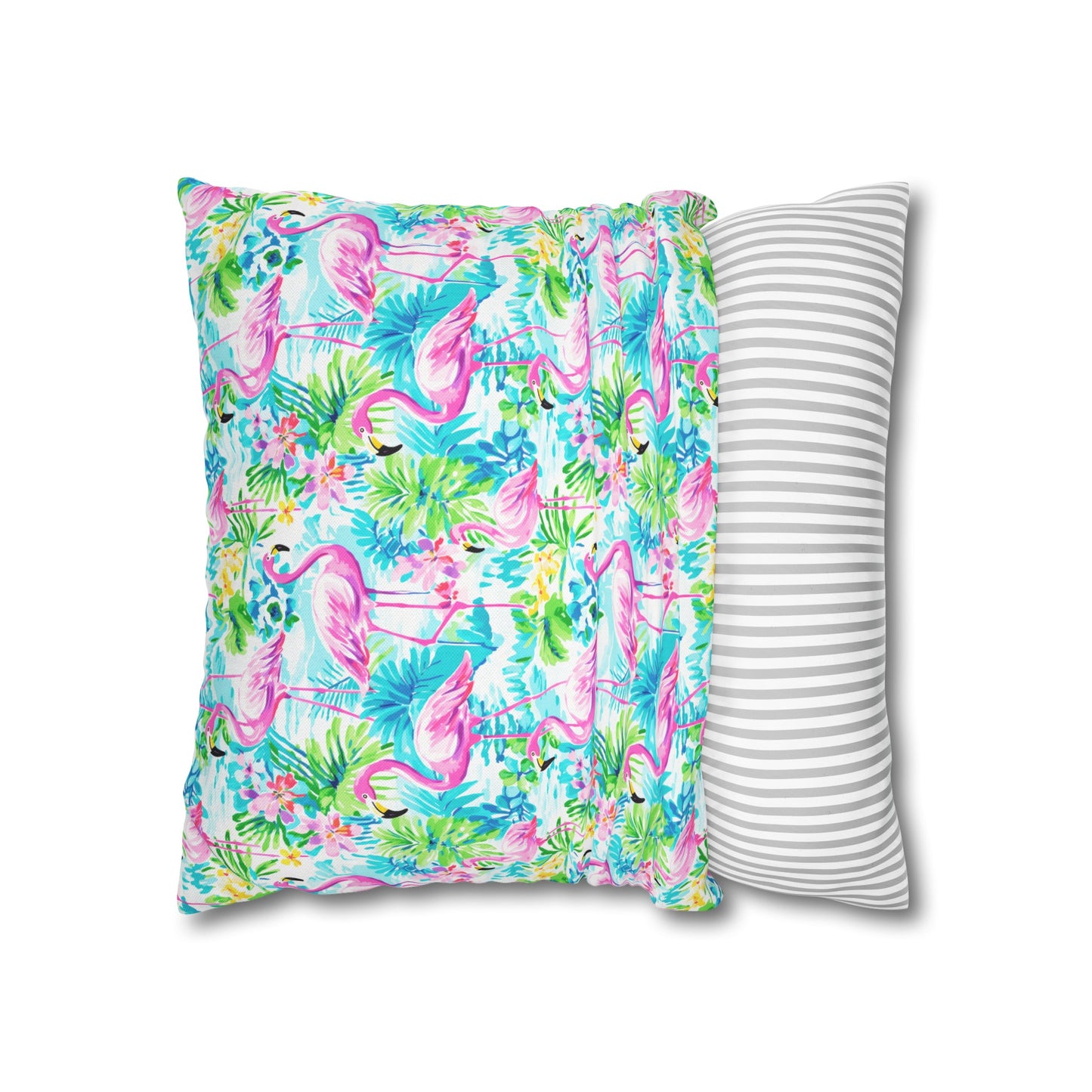 Tropical Flamingo Haven: Surrounded by Flowers and Palm Trees Spun Polyester Square Pillowcase 4 Sizes