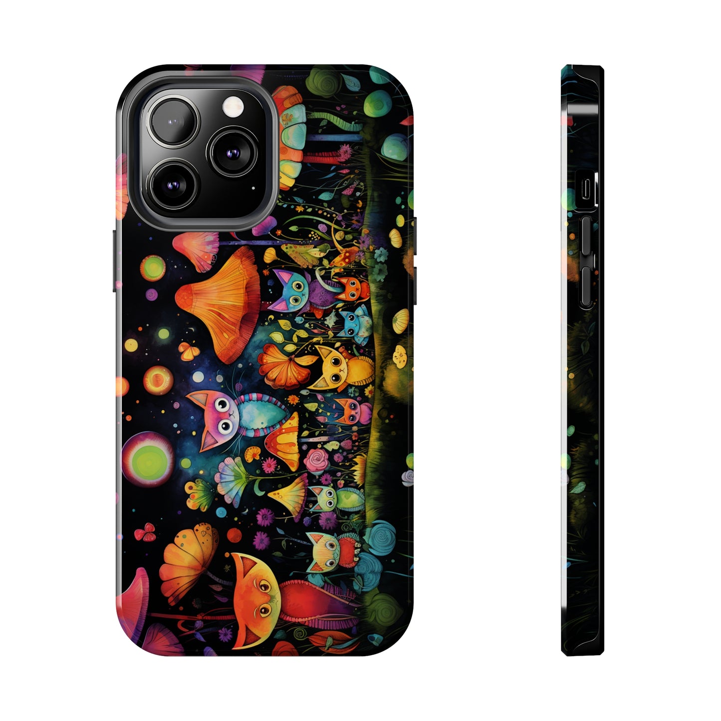 Mystical Cats Amidst a Garden of Flowers and Mushrooms, Beneath a Starry Sky Iphone Tough Phone Case