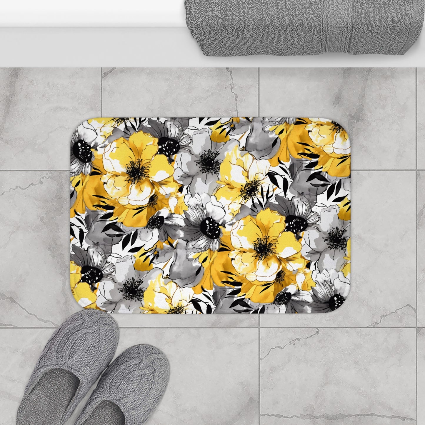 Soothing Radiance: Large Yellow and Grey Watercolor Flower Design - Bathroom Non-Slip Mat 2 Sizes