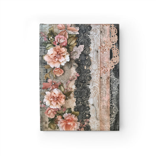 Elegant Victorian Flair: Layers of Pink and Black Lace Adorned with Pink Flowers - Hardcover Ruled Line Journal 5" x 7"