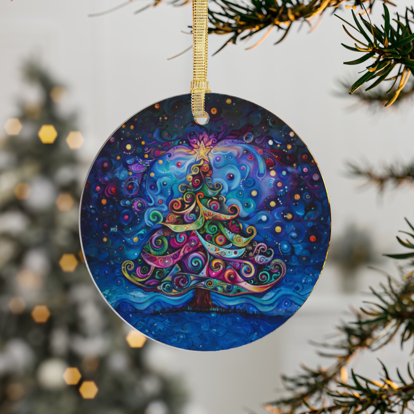 Christmas Tree Sparkling Amidst Vibrant Stars and Purple Hues Acrylic Ornaments 1, 5, 10, 25, and 50 pieces