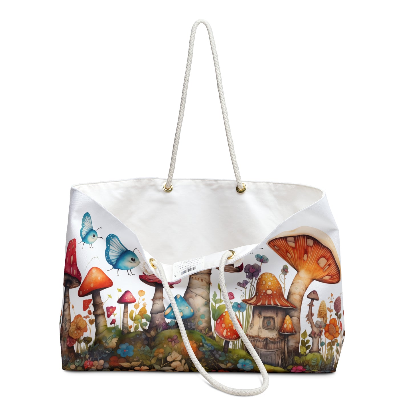 Enchanting Mushroom Cottage Adorned with Butterflies and Toadstools - Weekender Oversized Canvas Tote Bag 24" × 13"