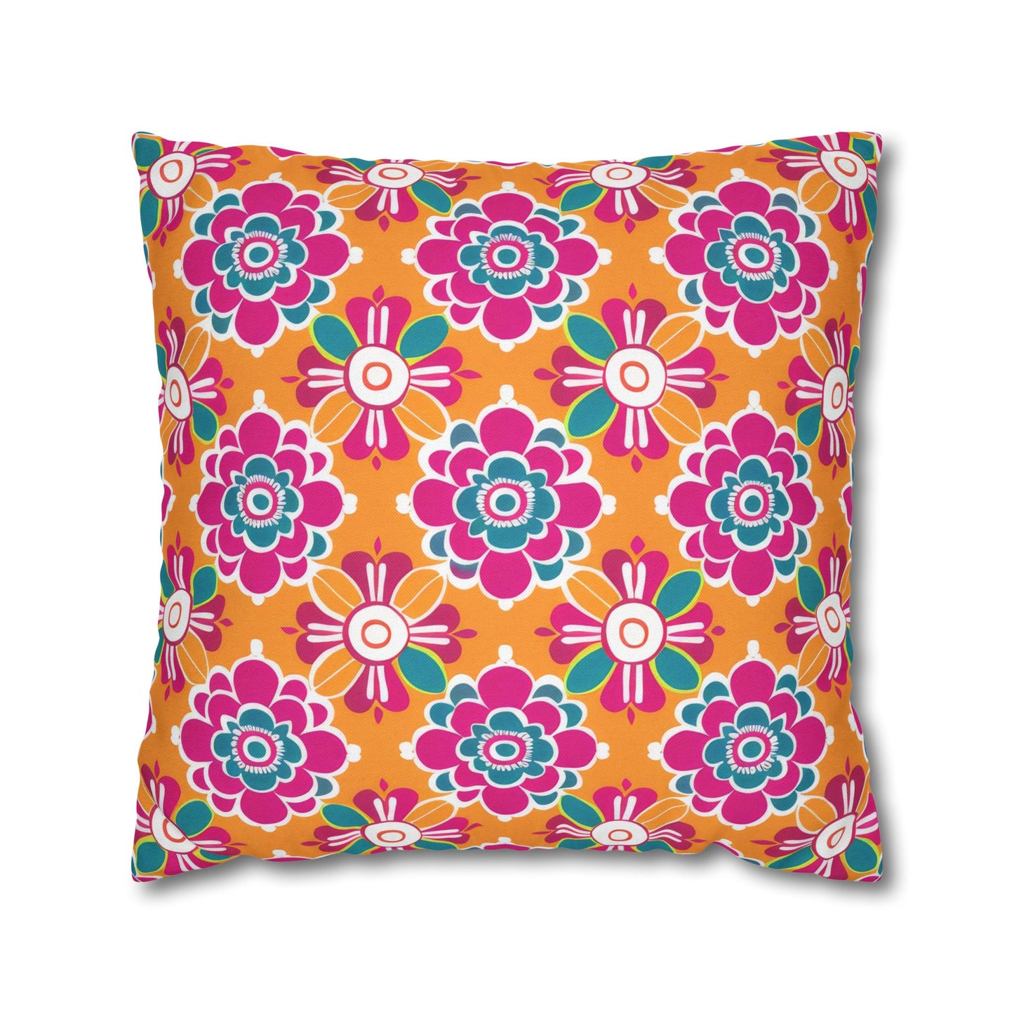 Array of Stylized Floral Motifs in Vivid Pink, Teal, and White Set Against a Warm Orange Backdrop Spun Polyester Square Pillowcase 4 Sizes