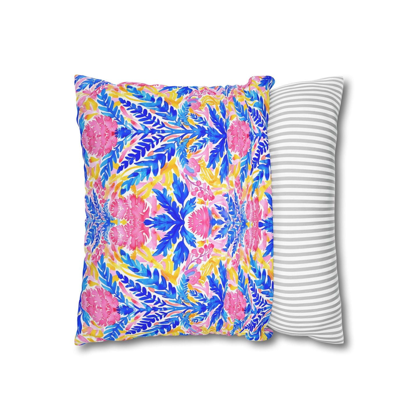 Tropical Watercolor Blooms in Vibrant Pinks and Blues Spun Polyester Square Pillowcase 4 Sizes