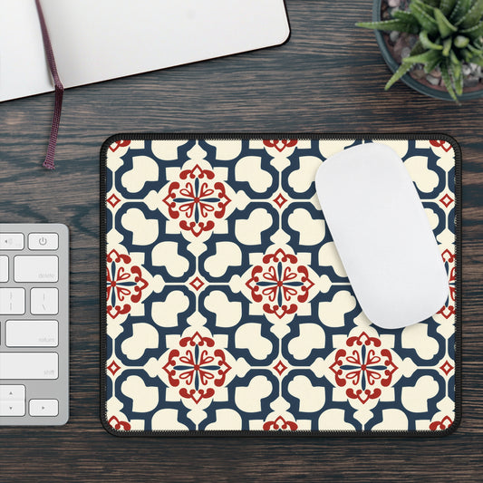 Traditional Korean Elegance in Bold Red and Navy Geometric Tile Pattern Gaming Mouse Pad with Finished Edges