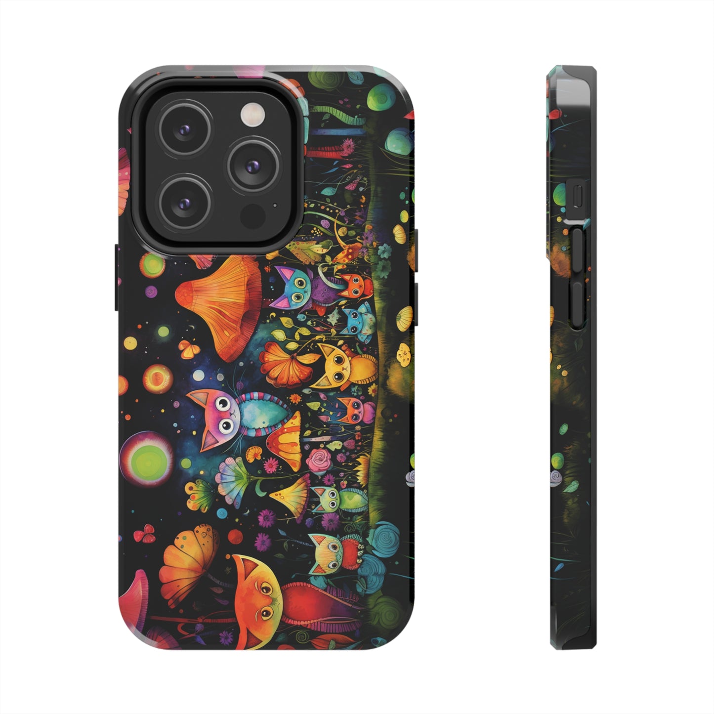 Mystical Cats Amidst a Garden of Flowers and Mushrooms, Beneath a Starry Sky Iphone Tough Phone Case