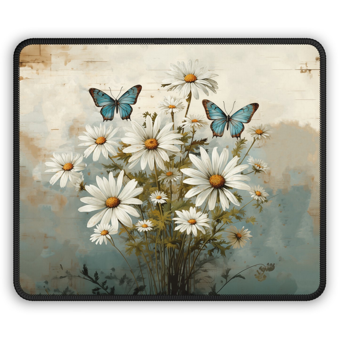 Rustic Farmhouse Daisy and Butterfly Design Gaming Mouse Pad with Finished Edges