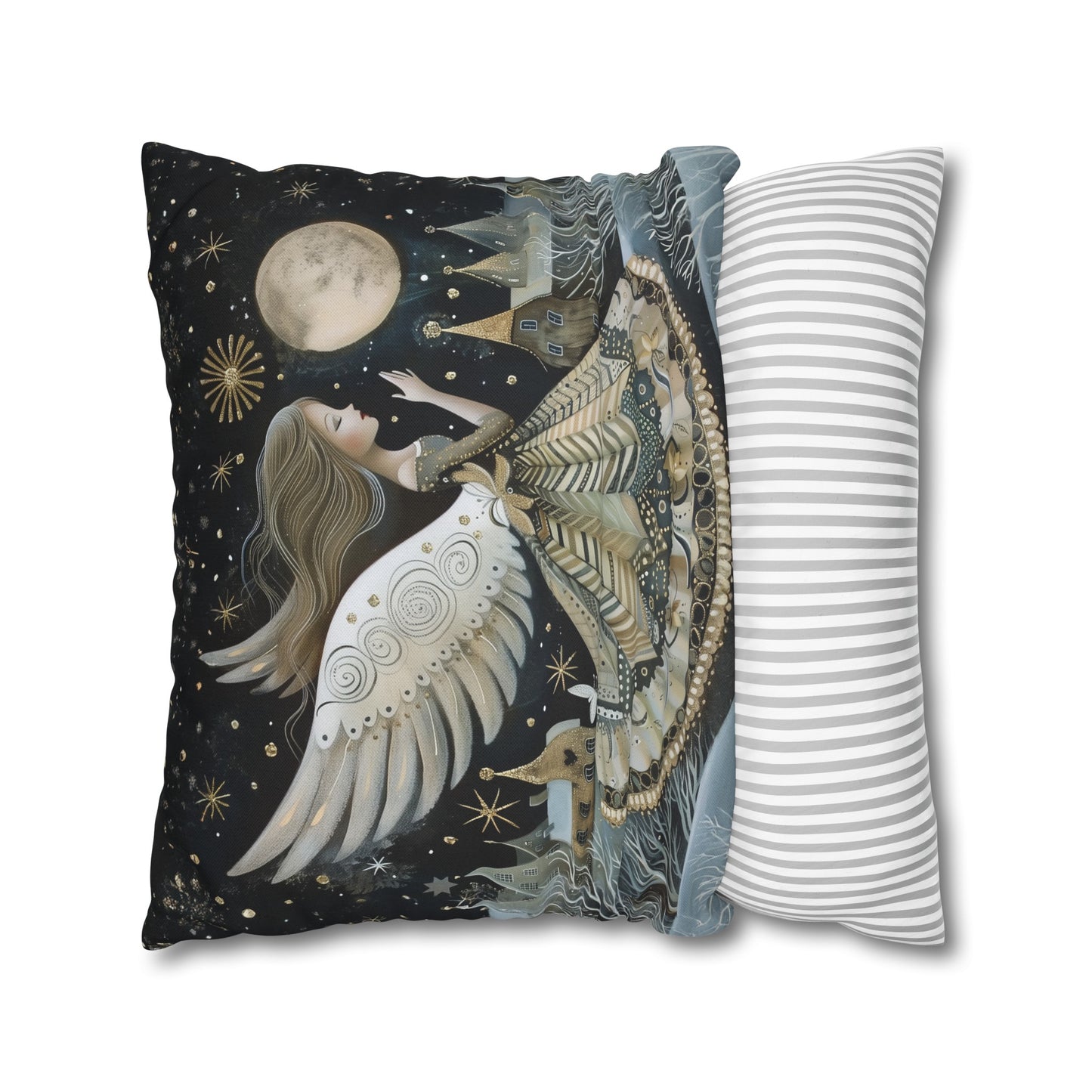 Frosty Angelic Glow: Angel Illuminated by Moonlight on a Snowy Night Spun Polyester Square Pillowcase 4 Sizes