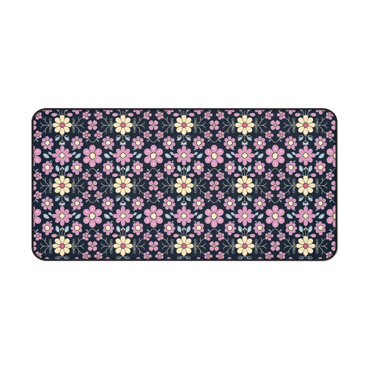 Charming Pastel Pink and Yellow Flowers on Navy Blue Background Extended Gaming Mouse Pad  Desk Mat  - 3 Sizes