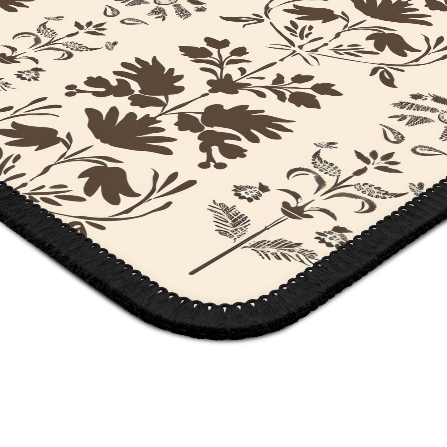 Early American Stencil-Inspired Beige and Brown Floral Pattern Gaming Mouse Pad with Finished Edges