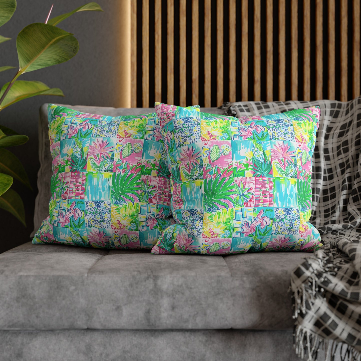 Whimsical Palm Trees and Flowers in Vibrant Pink, Teal, and Green Collage Spun Polyester Square Pillowcase 4 Sizes