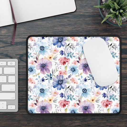 Pastel Pink Purple and Blue Watercolor Flowers Gaming Mouse Pad with Finished Edges