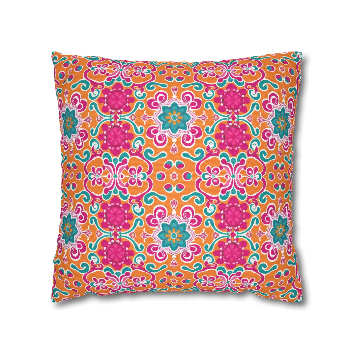 Kaleidoscope of Warm Tangerine, Lush Teal, and Lively Pink Blooms Polyester Square Pillowcase 4 Sizes