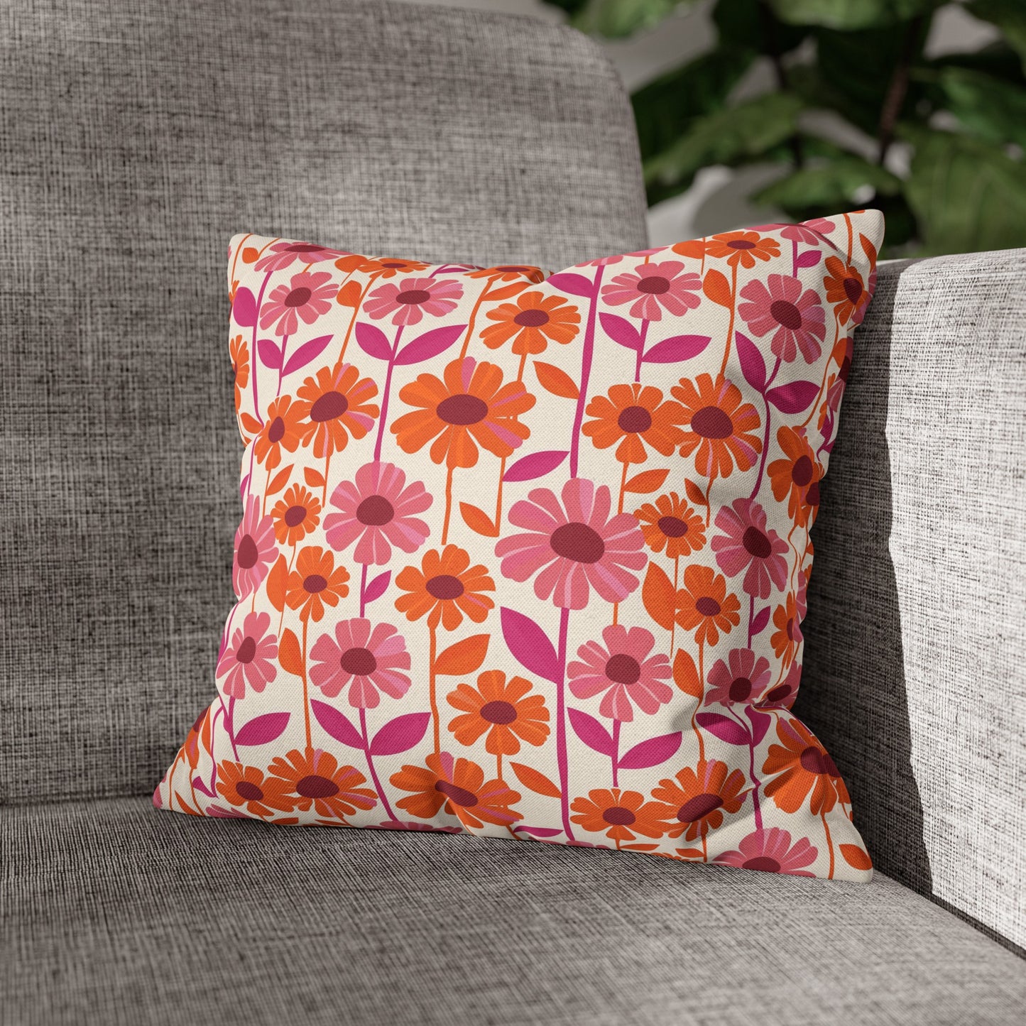 Retro Floral Bliss with Bold Pink and Orange Flower Design Spun Polyester Square Pillowcase 4 Sizes