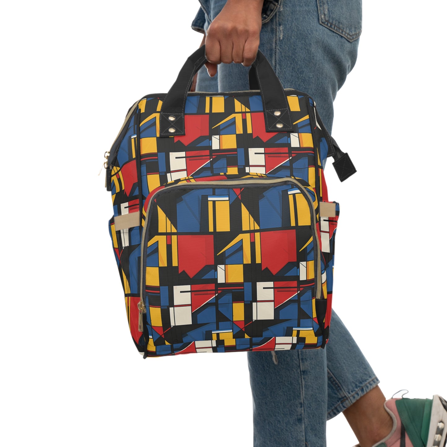 Mondrian-Inspired Bold Primary Colors and Black Lines Abstract Multifunctional Diaper Backpack