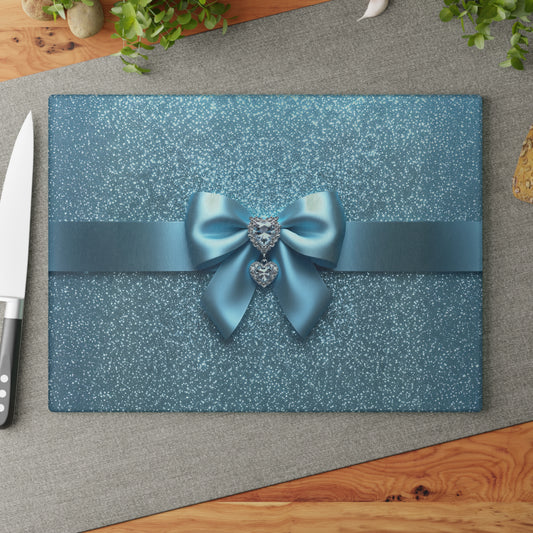 Coquette Bow with Blue Sparkling Glitter and Diamond Heart Glass Cutting Board, Charcuterie Serving Tray 2 Sizes
