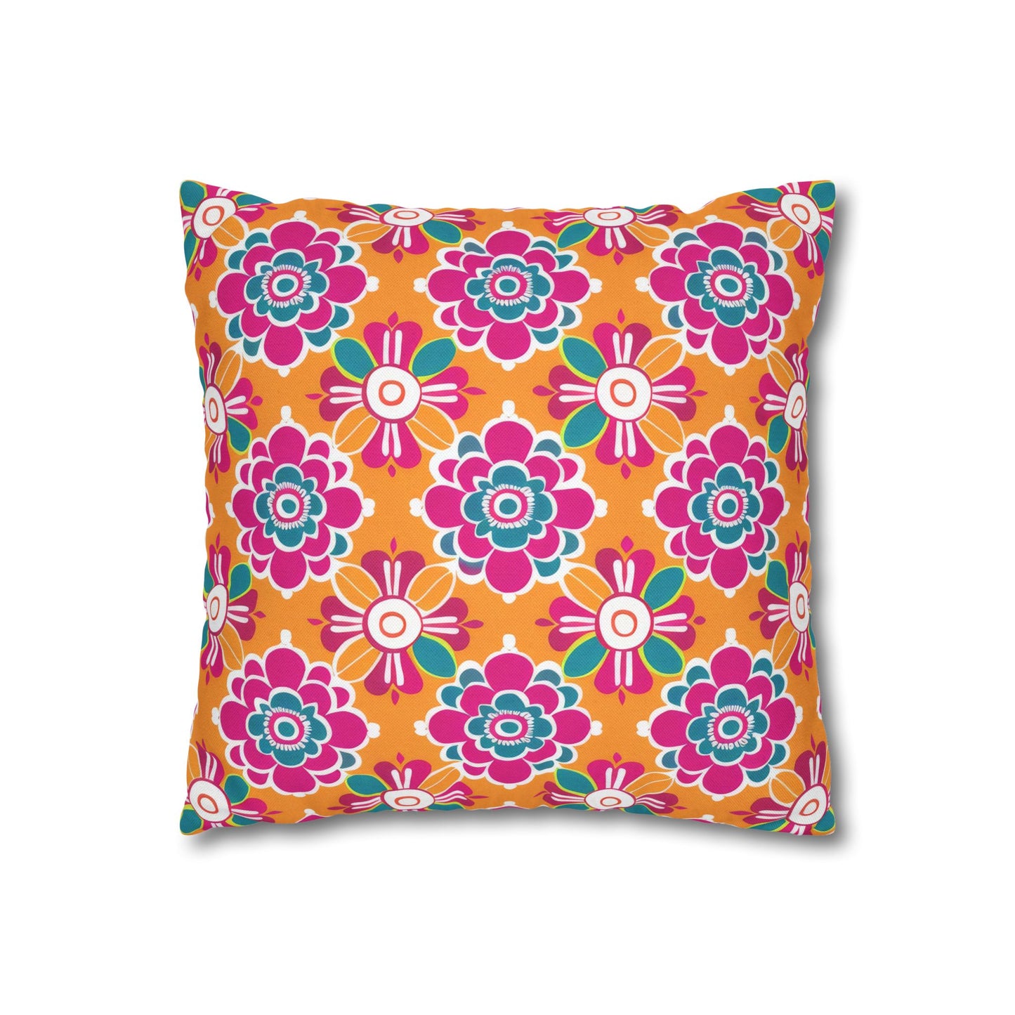 Array of Stylized Floral Motifs in Vivid Pink, Teal, and White Set Against a Warm Orange Backdrop Spun Polyester Square Pillowcase 4 Sizes