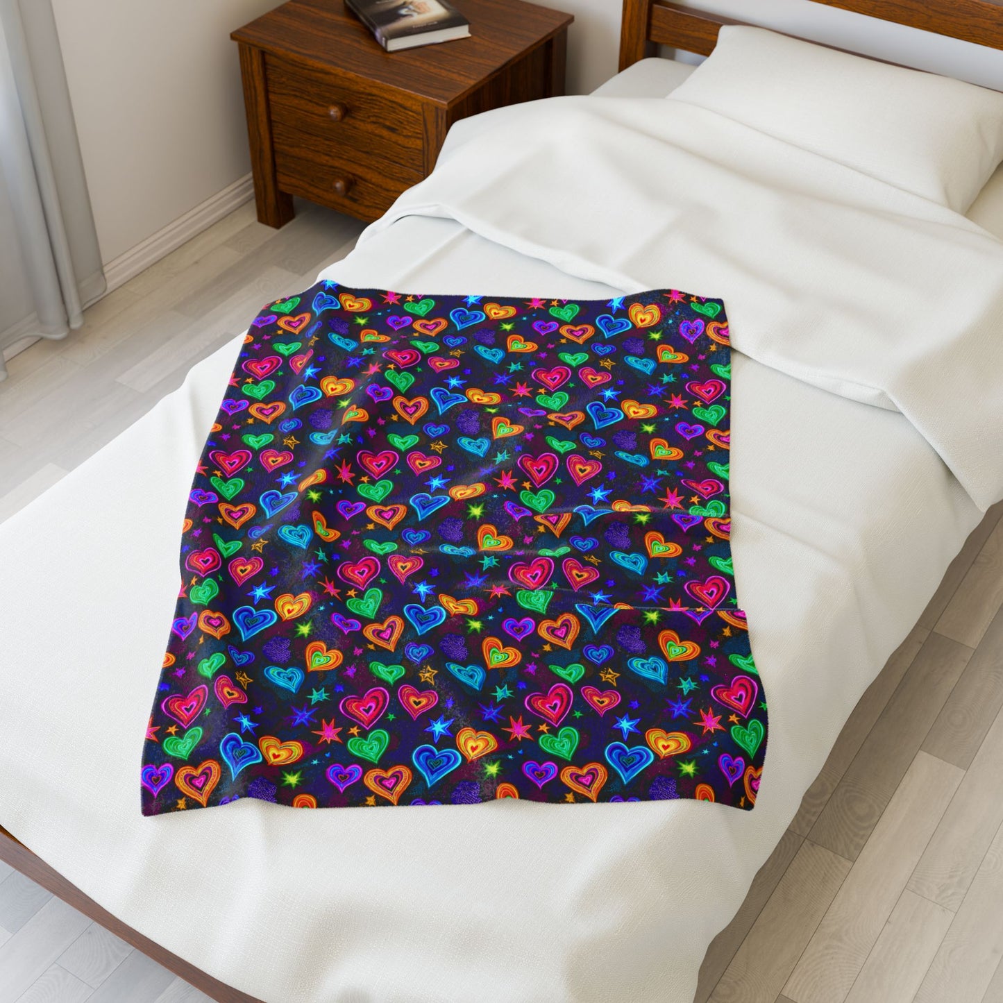 Neon Hearts and Stars Print Velveteen Plush Blanket 3 Sizes